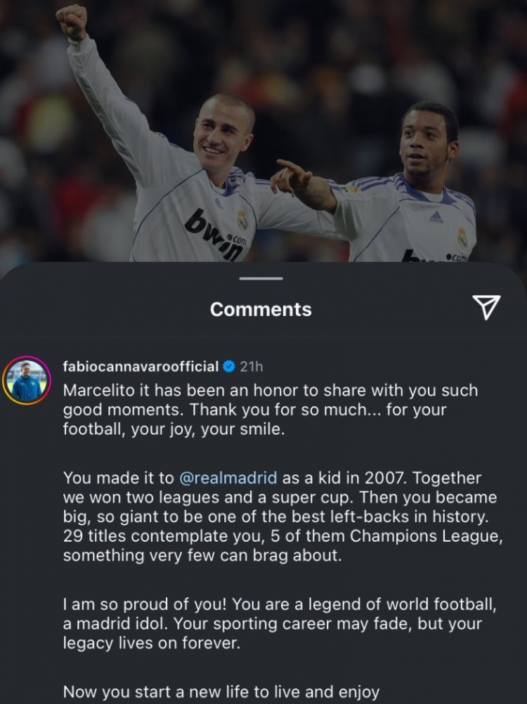  卡纳瓦罗社媒致敬马塞洛：你从一个孩子成长为历史最佳左后卫之一